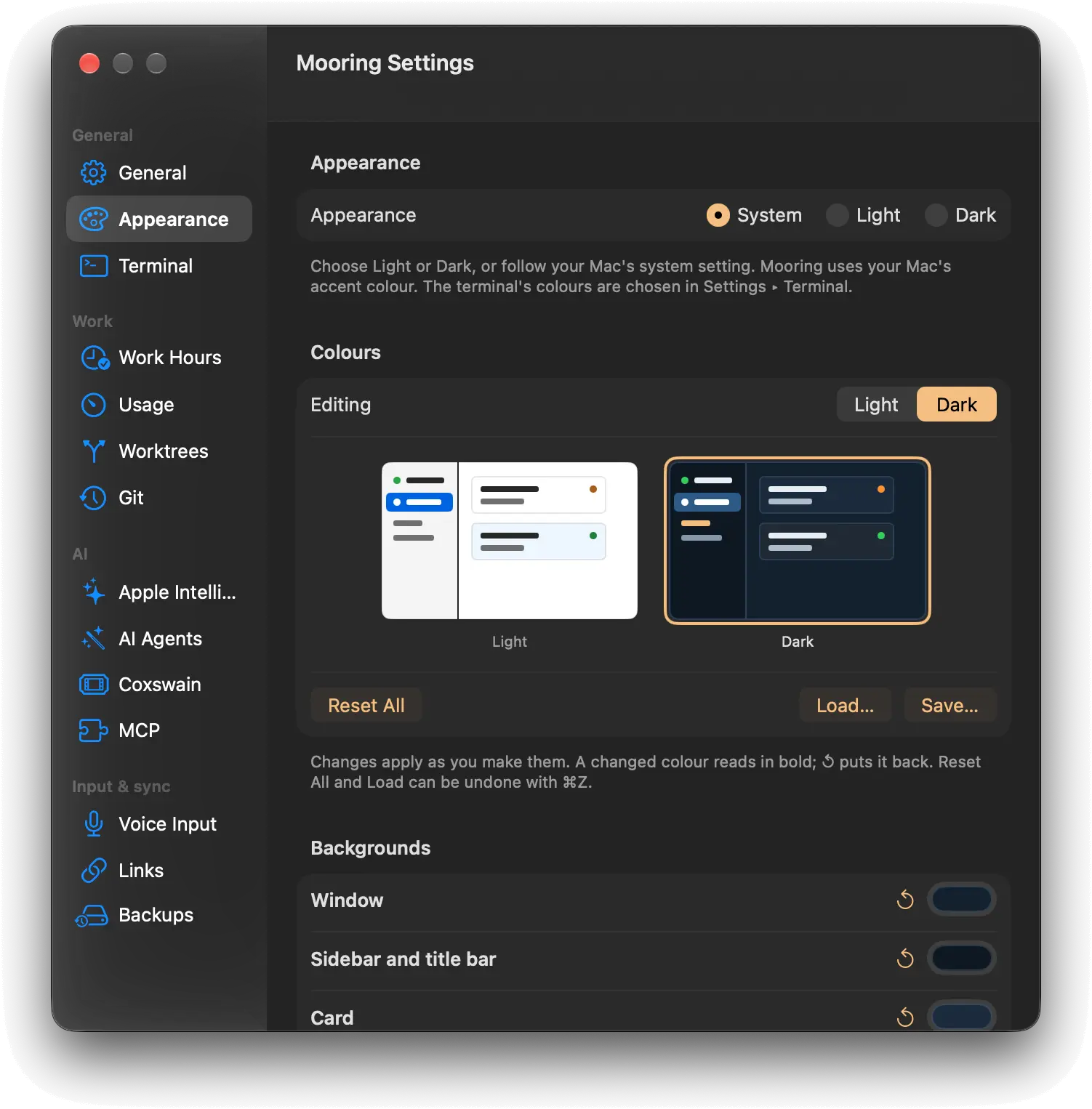 Mooring's Settings on the Appearance pane, with the colour editor open. The colours changed for the navy-and-apricot look are marked with ↺ beside each, ready to put back one by one or all at once.
