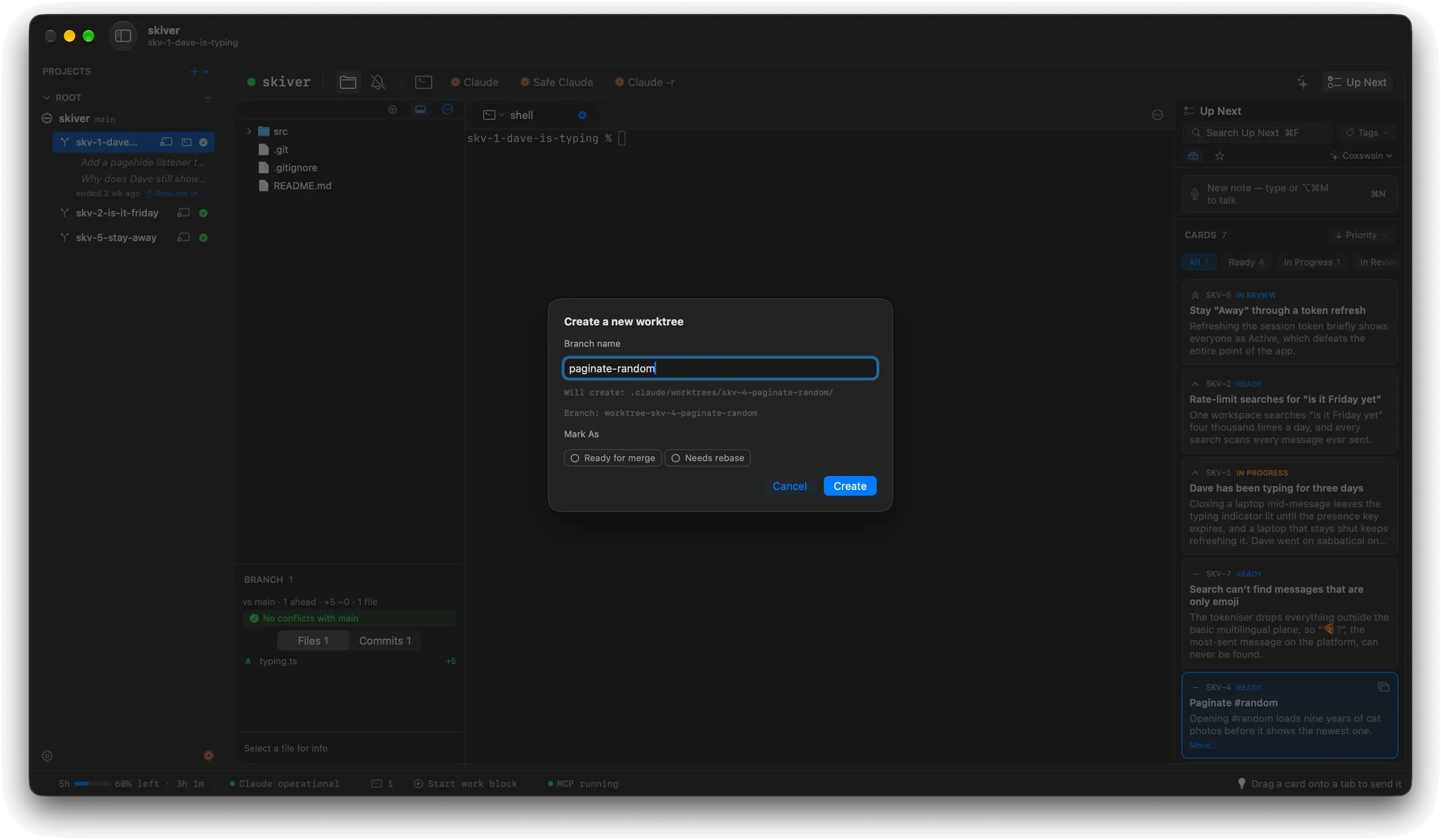 ⌘S on SKV-4, and the New Worktree sheet names its worktree.