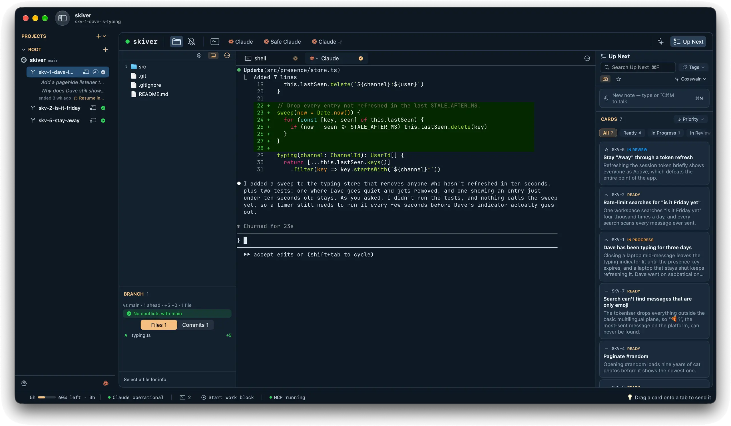 Mooring's main window in a custom look, deep navy with an apricot accent: the sidebar, the terminal where Claude is at work, and the backlog's cards all take the new colours.