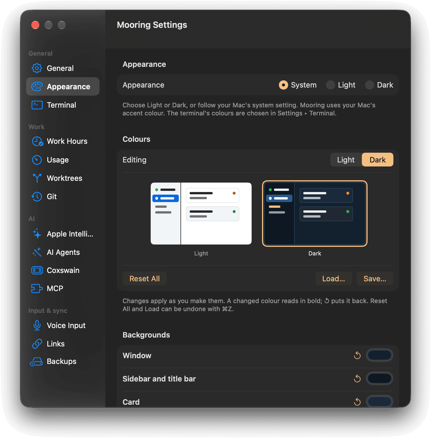 Mooring's Settings on the Appearance pane, with the colour editor open. The colours changed for the navy-and-apricot look are marked with ↺ beside each, ready to put back one by one or all at once.