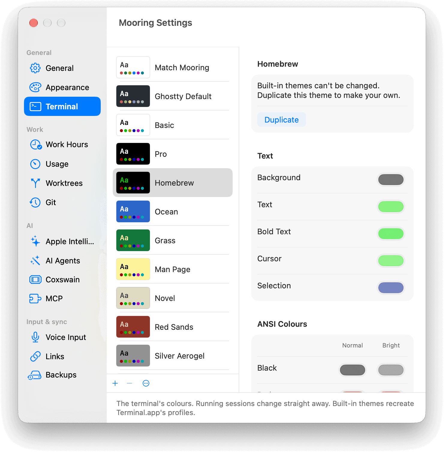 Mooring's Settings on the Terminal pane, listing terminal themes with a preview of each. Homebrew is selected: green text on black.