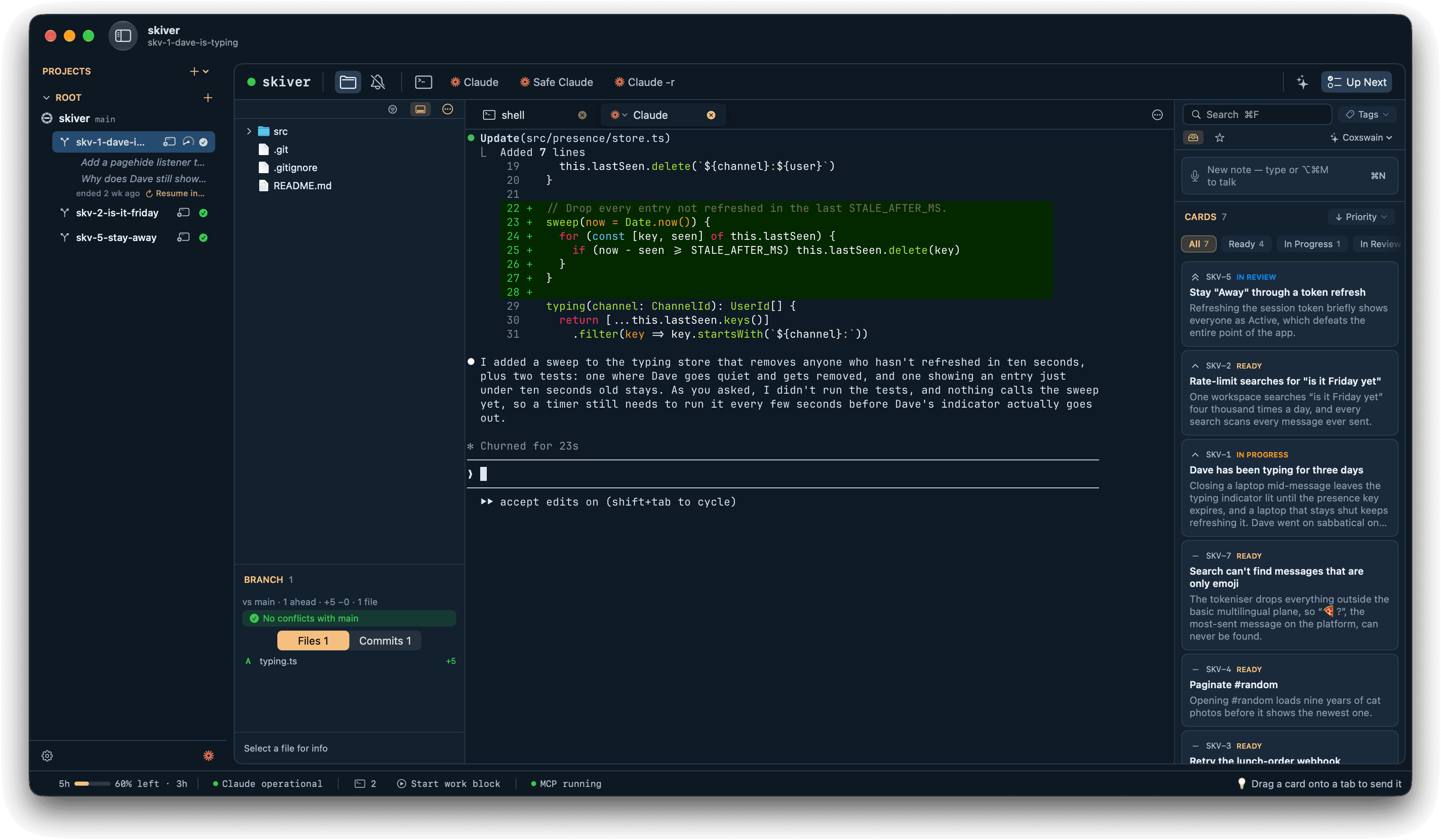 Mooring's main window in a custom look, deep navy with an apricot accent: the sidebar, the terminal where Claude is at work, and the backlog's cards all take the new colours.