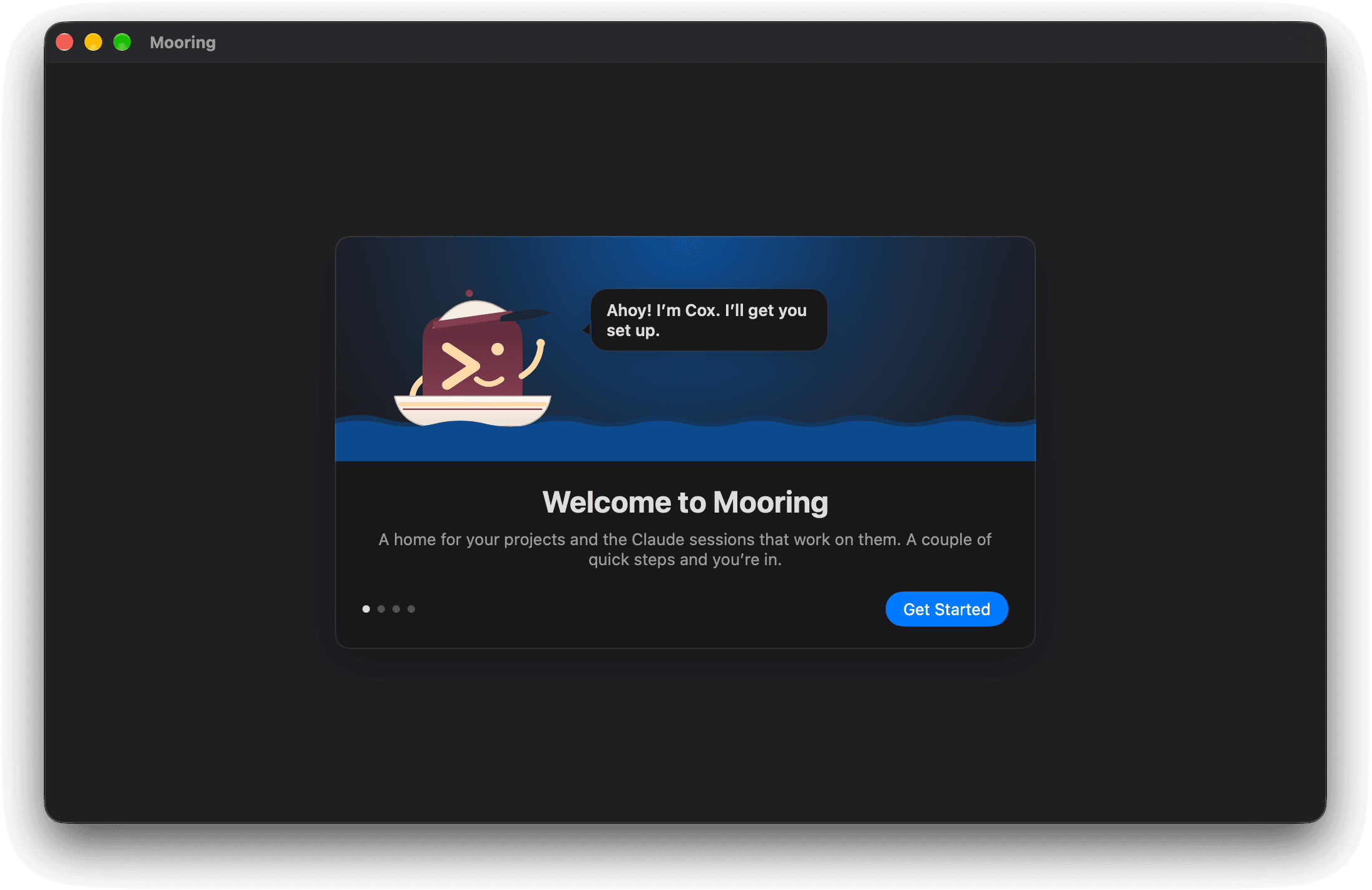 Four steps of Mooring's first-run window, with Cox, a small boat in a cox's cap, moving left to right along the water at the top. He waves on the welcome page, salutes on a page saying git is ready, raises a spyglass on the Full Disk Access page, and calls through a megaphone on the last page, which asks where your projects live.