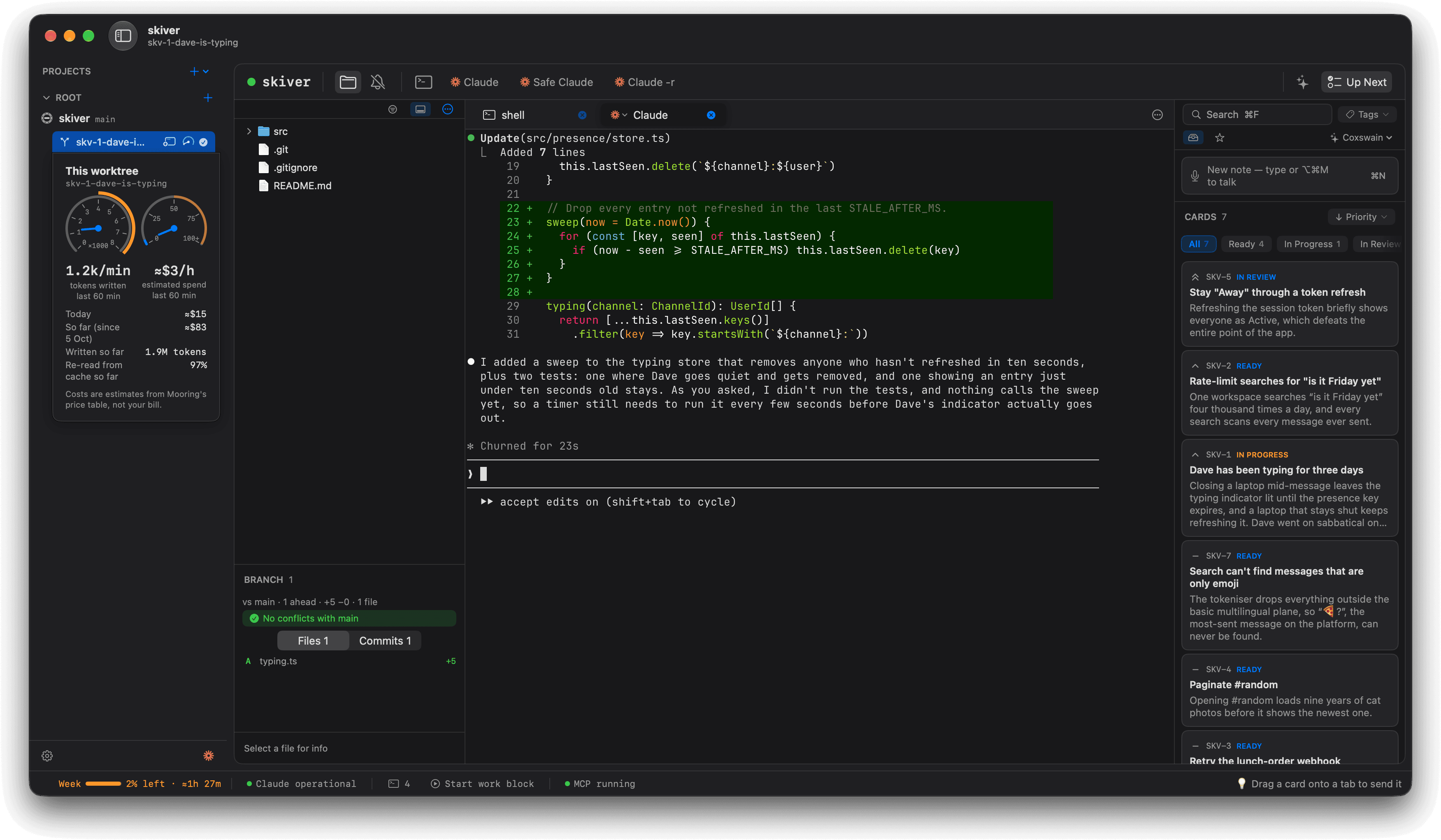 Mooring's main window with Claude running in skiver's worktrees. The usage panel for skv-1-dave-is-typing is open over the sidebar: a tachometer reading tokens written a minute and a speedometer reading estimated dollars an hour over the last 60 minutes, and below them the worktree's spend today and so far, the tokens written, and how much was re-read from cache.